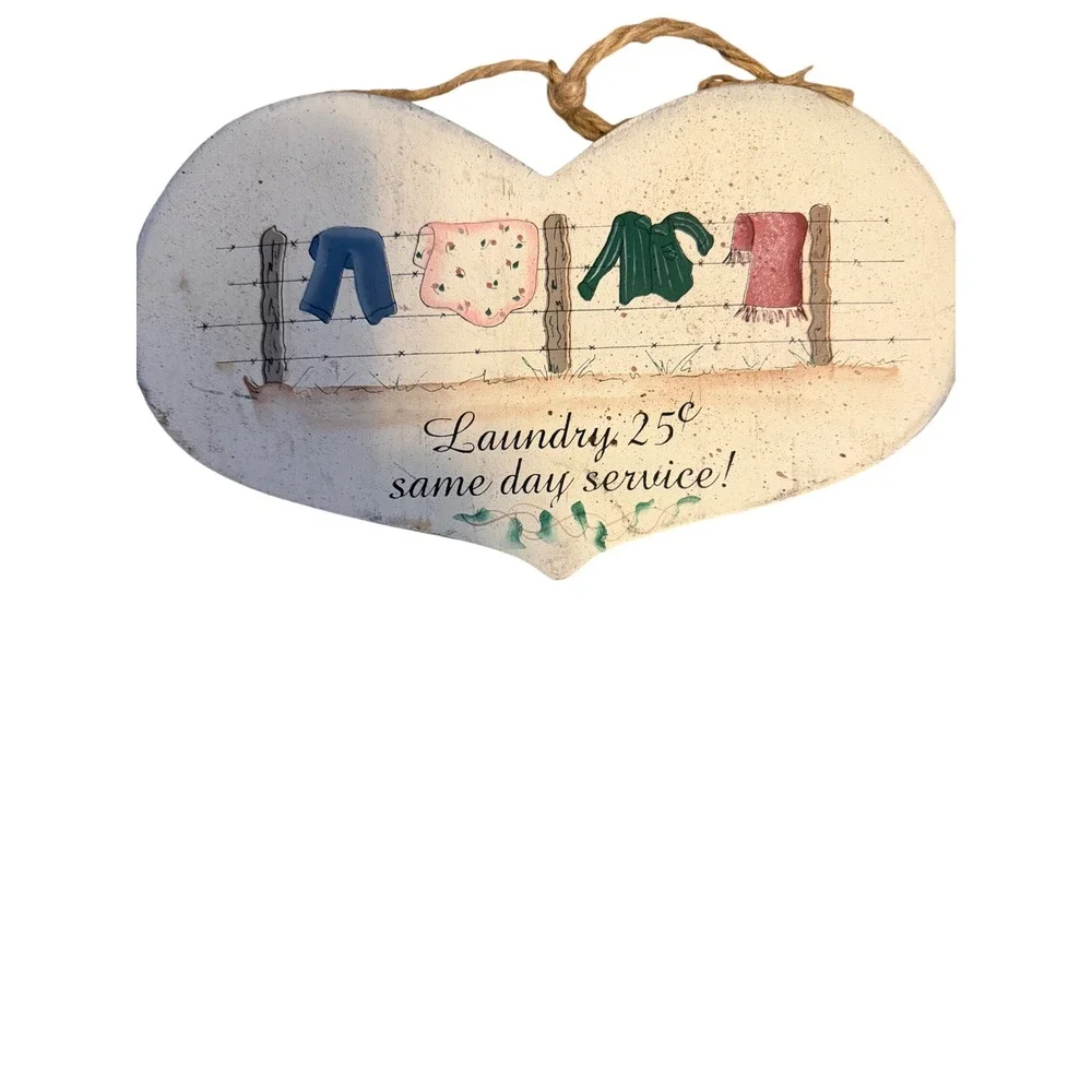 Vintage Wooden Heart Laundry Sign Plaque Hand Painted Country Decor Wall Hanging